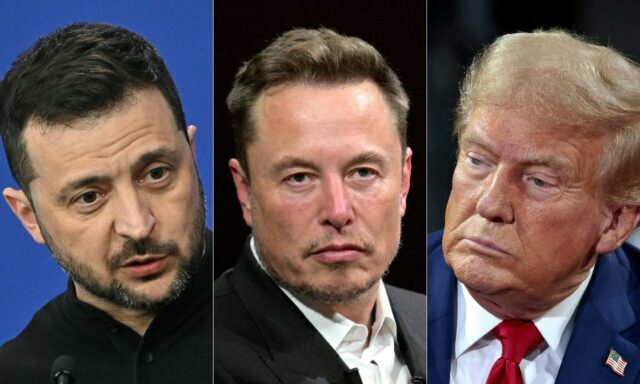 Ukrainian officials said Zelensky, left, spoke with Musk, centre, and Trump in a phone cal