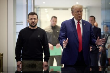 Ukrainian President Volodymyr Zelensky meets with Donald Trump on September 27, 2024 in Ne