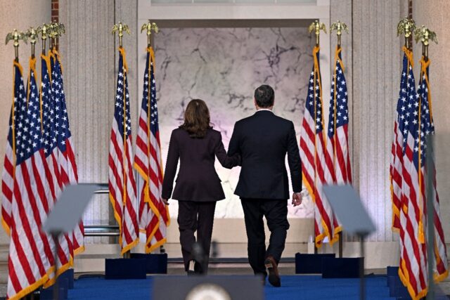 US Vice President Kamala Harris and her husband Second Gentleman Doug Emhoff leave after s