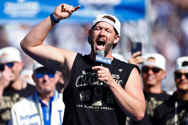 Veteran Dodgers pitcher Clayton Kershaw speaks during the World Series Celebration at Dodg