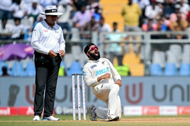 New Zealand's Ajaz Patel celebrates the win against India at the end of their third Test i