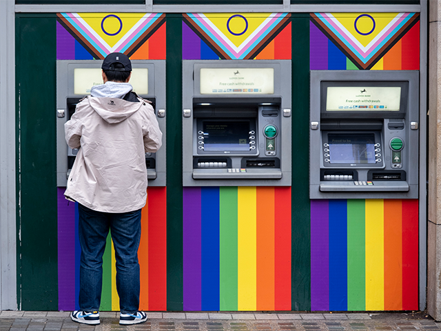 Pride Progress flag outside Lloyds Bank ATM machines on 3rd July 2024 in London, United Ki