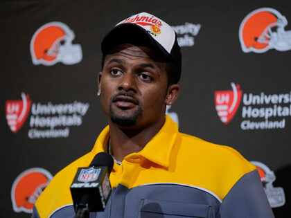 Cleveland Browns quarterback Deshaun Watson talks during a news conference after an NFL fo