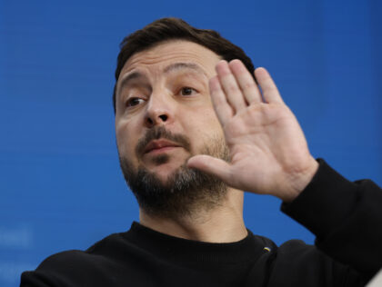 Ukraine's President Volodymyr Zelenskyy speaks addresses a media conference during an