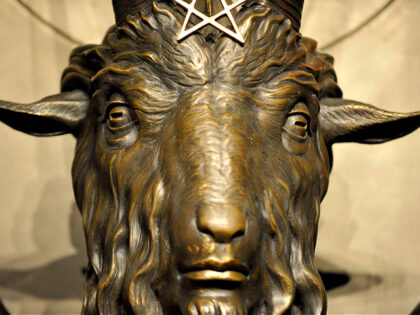 The Baphomet statue is seen in the conversion room at the Satanic Temple where a "Hell Hou