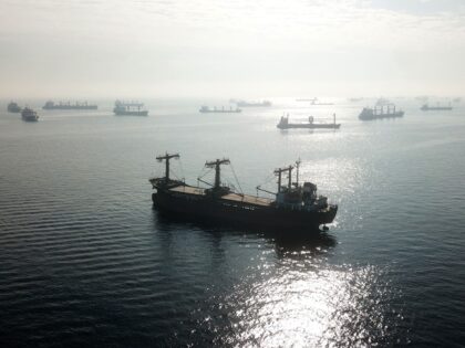 An aerial photograph taken on October 31, 2022 shows cargo ships loaded with grain in the