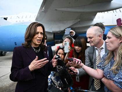 US Vice President and Democratic presidential candidate Kamala Harris speaks to reporters