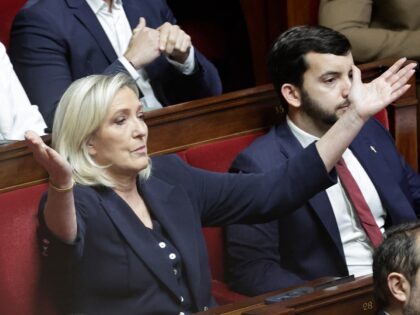 President of Rassemblement National parliamentary group Marine Le Pen gestures during the