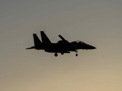 An Israeli air force F-15 warplane is seen before landing in an airbase in central Israel,