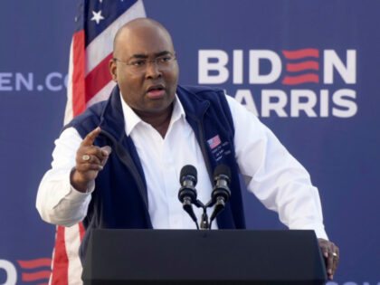 Democratic National Committee Chairman Jaime Harrison speaks at a campaign rally ahead of