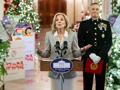 US First Lady Jill Biden speaks during an event to help sort donated toys for the US Marin