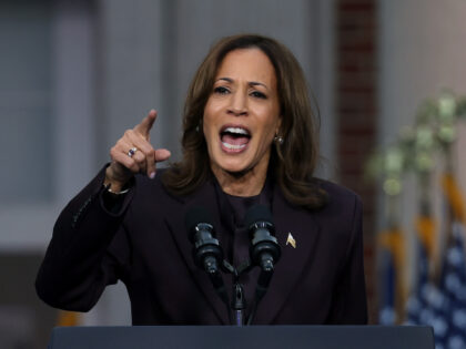 Democratic presidential nominee, U.S. Vice President Kamala Harris speaks on stage as she