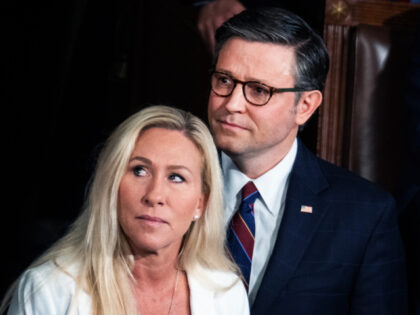 Speaker of the House Mike Johnson, R-La., and Rep. Marjorie Taylor Greene, R-Ga., are seen