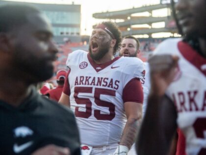 AUBURN, ALABAMA - SEPTEMBER 21: Offensive lineman Fernando Carmona #55 of the Arkansas Raz