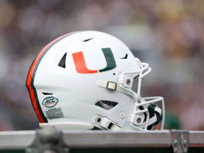 ATLANTA, GA - NOVEMBER 09: A general view of a Miami Hurricanes helmet during the game bet