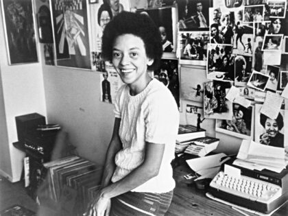 Poet Nikki Giovanni, in her office, age 29, in 1973.