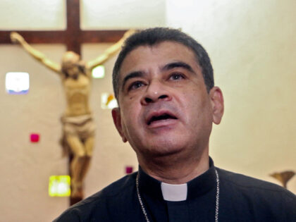 Nicaraguan Catholic bishop Rolando Alvarez speaks to the press at the Santo Cristo de Esqu