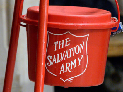 A Salvation Army red kettle during a ceremony at City Hall to launch their Annual Red Kett