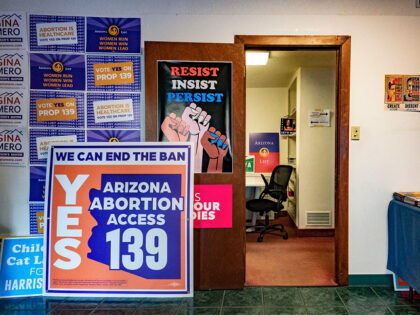 Sign in favor of proposition 139, the right to abortion initiative, are displayed at the e