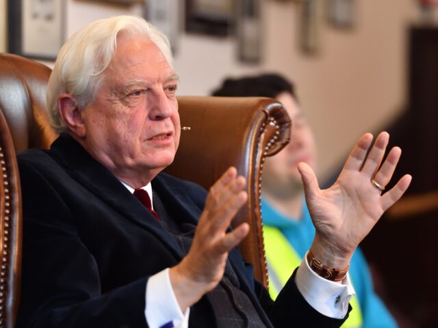 CAMBRIDGE, ENGLAND - MAY 02: John Simpson addresses the Cambridge Union Society on May 2,