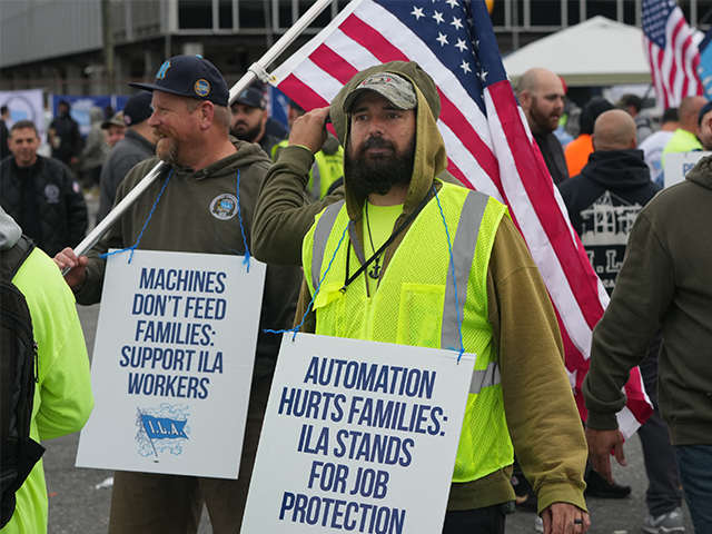 Dockworkers at the Maher Terminals in Port Newark are on strike on October 1, 2024 in New