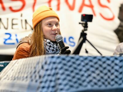 06 December 2024, Baden-Württemberg, Mannheim: Activist Greta Thunberg (l) sits on the po