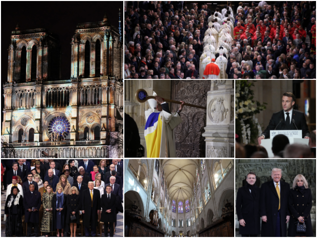 This photograph shows Notre-Dame Cathedral illuminated during a ceremony to mark the re-op