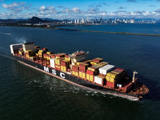 A cargo ship leaves the Panama Canal on the Pacific Ocean side in Panama City, October 02,