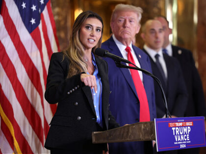 (L-R) Attorney Alina Habba speaks as US former President and Republican presidential candi