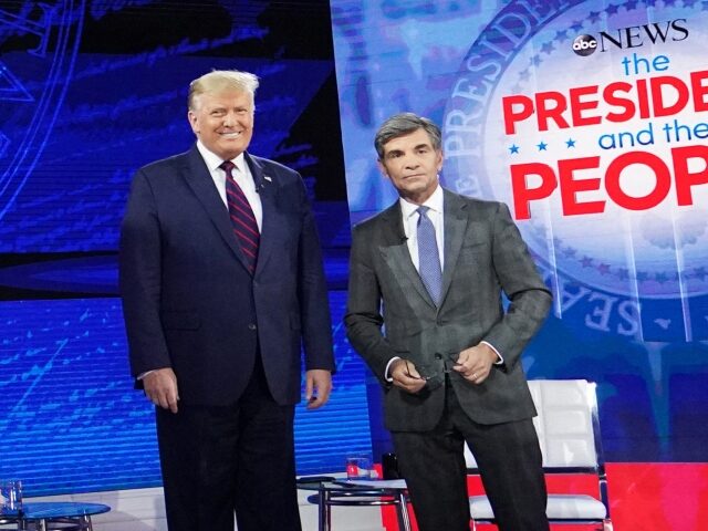 US President Donald Trump poses with ABC New anchor George Stephanopoulos ahead of a town