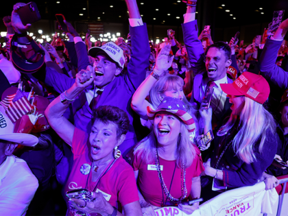 WEST PALM BEACH, FLORIDA - NOVEMBER 06: Supporters react as Fox News projects Republican p