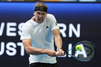 Alexander Zverev returns against Thiago Monteiro during their United Cup encounter in Pert