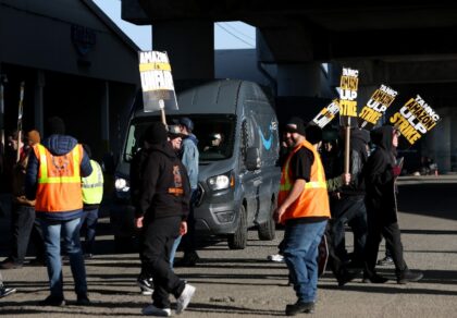 Amazon Teamsters union workers temporarily block an Amazon delivery truck in San Francsico