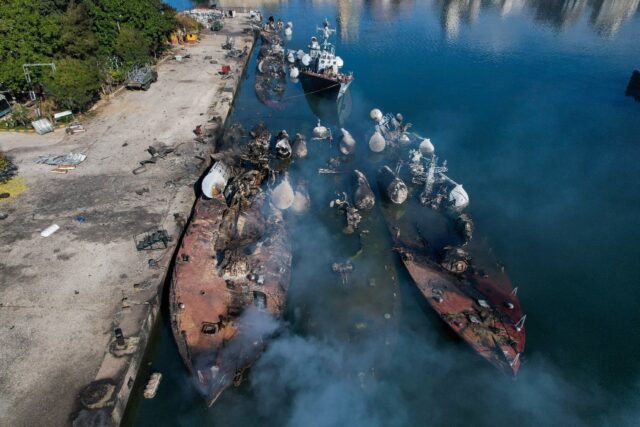 An aerial photo shows Syrian naval ships destroyed during an overnight Israeli attack on t