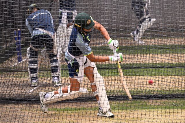 Australia's Sam Konstas (C) bats in the nets at the Melbourne Cricket Ground