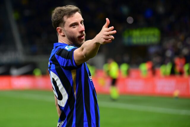 Carlos Augusto celebrates after scoring for Inter Milan in the win over Como