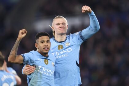 Erling Haaland (right) and Savinho (left)earned Man City a 2-0 win at Leicester