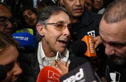 Fabio Ochoa Vasquez, a former Medellin Cartel kingpin, talks to the media upon his return