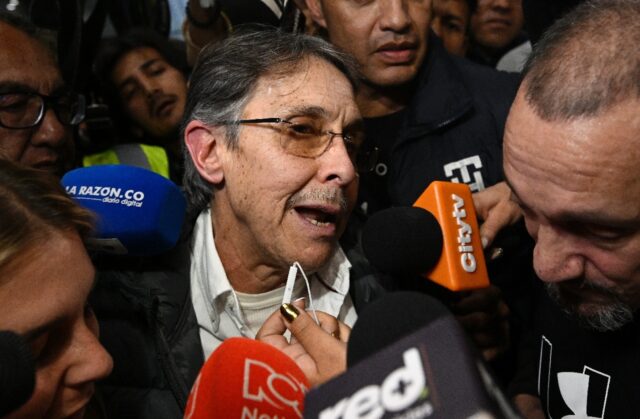 Fabio Ochoa Vasquez, a former Medellin Cartel kingpin, talks to the media upon his return