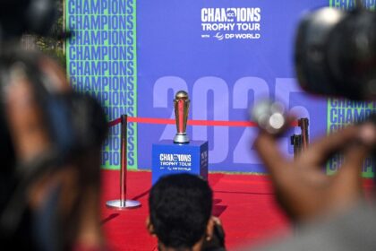 The ICC Champions Trophy on display at the National Stadium in Karachi, Pakistan, in Novem