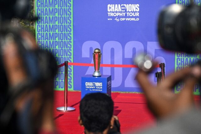 The ICC Champions Trophy on display at the National Stadium in Karachi, Pakistan, in Novem