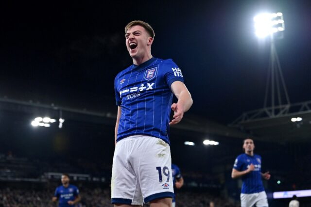 Ipswich's Liam Delap celebrates scoring against Chelsea