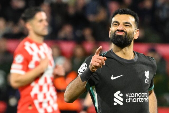 Liverpool's Egyptian forward Mohamed Salah celebrates scoring from the spot against Girona