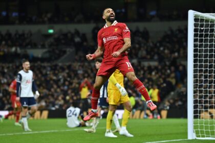 Liverpool's Mohamed Salah celebrates after scoring against Tottenham