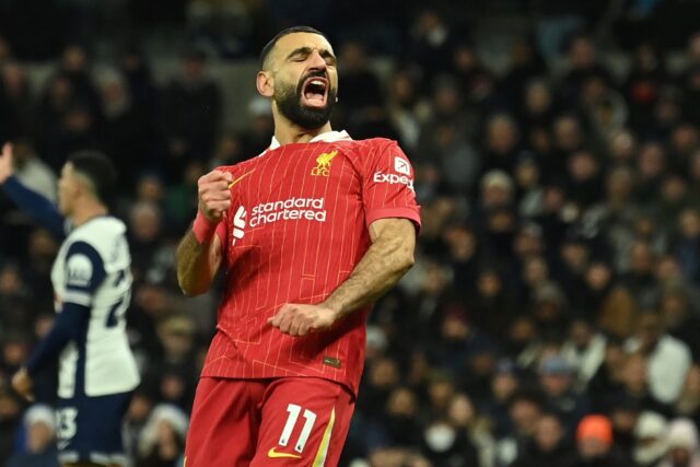 Liverpool's Mohamed Salah celebrates after scoring against Tottenham