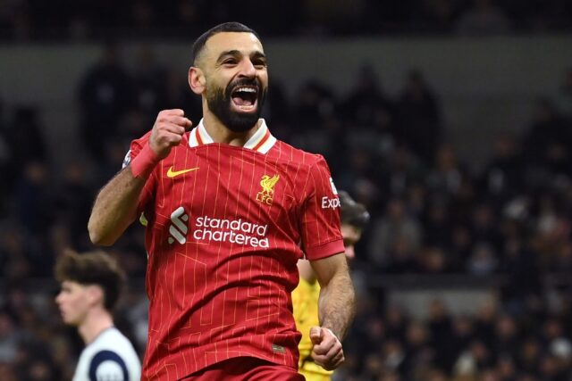 Liverpool's Mohamed Salah celebrates after scoring against Tottenham