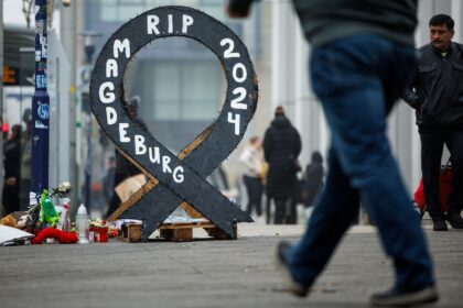 A makeshift memorial is pictured at the site of a car-ramming attack on a Christmas market