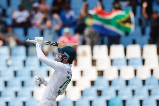 Marco Jansen celebrates hitting the four that gave South Africa victory against Pakistan t