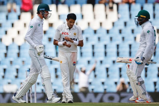 Marco Jansen (L) and Kagiso Rabada (R) celebrate after guiding South Africa to victory in