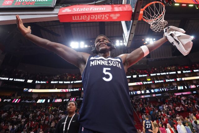 Minnesota Timberwolves star Anthony Edwards reacts after an NBA victory over the Houston R